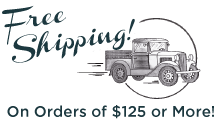 Free shipping icon showing an antique truck bustling with words free shipping for orders of $125 or more.