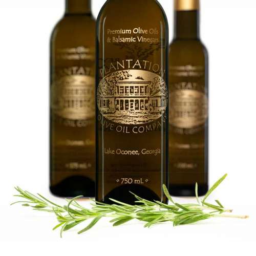 Photo showing a fresh sprig of rosemary herb in front of three bottles of olive oil.