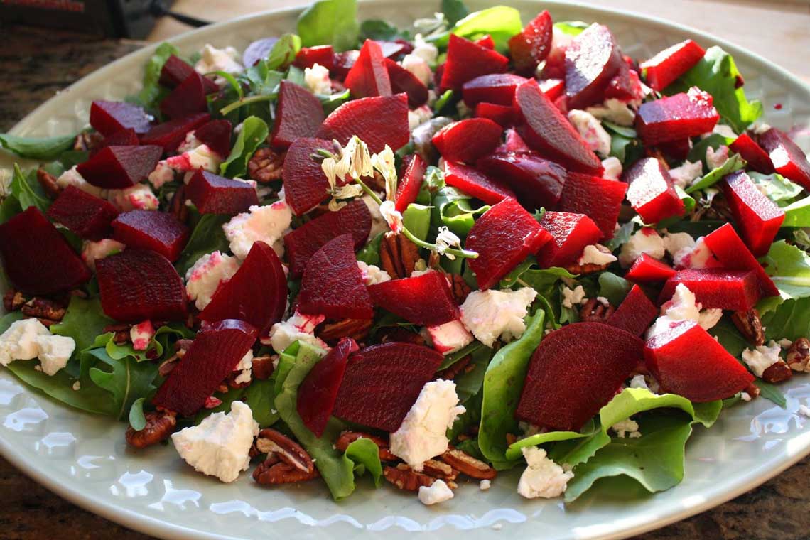 A fresh roasted beet salad with chevre.